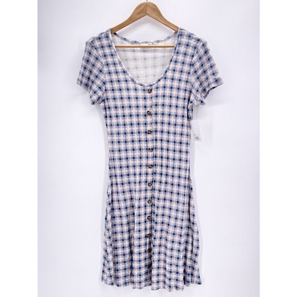 SO Womens Juniors Large Plaid Scoop Neck Skater Dress Button Front Short Sleeve - Picture 1 of 8